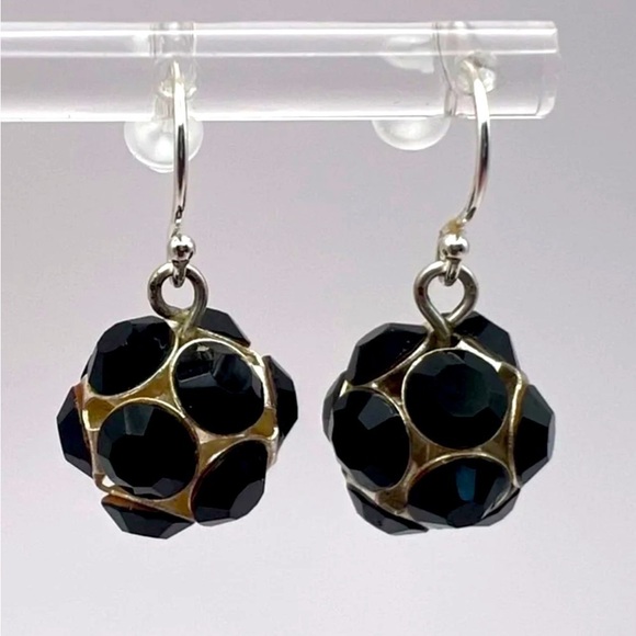 Vintage Black Rhinestone Sphere Dangle Earrings | Sterling Silver Hooks - Picture 4 of 10